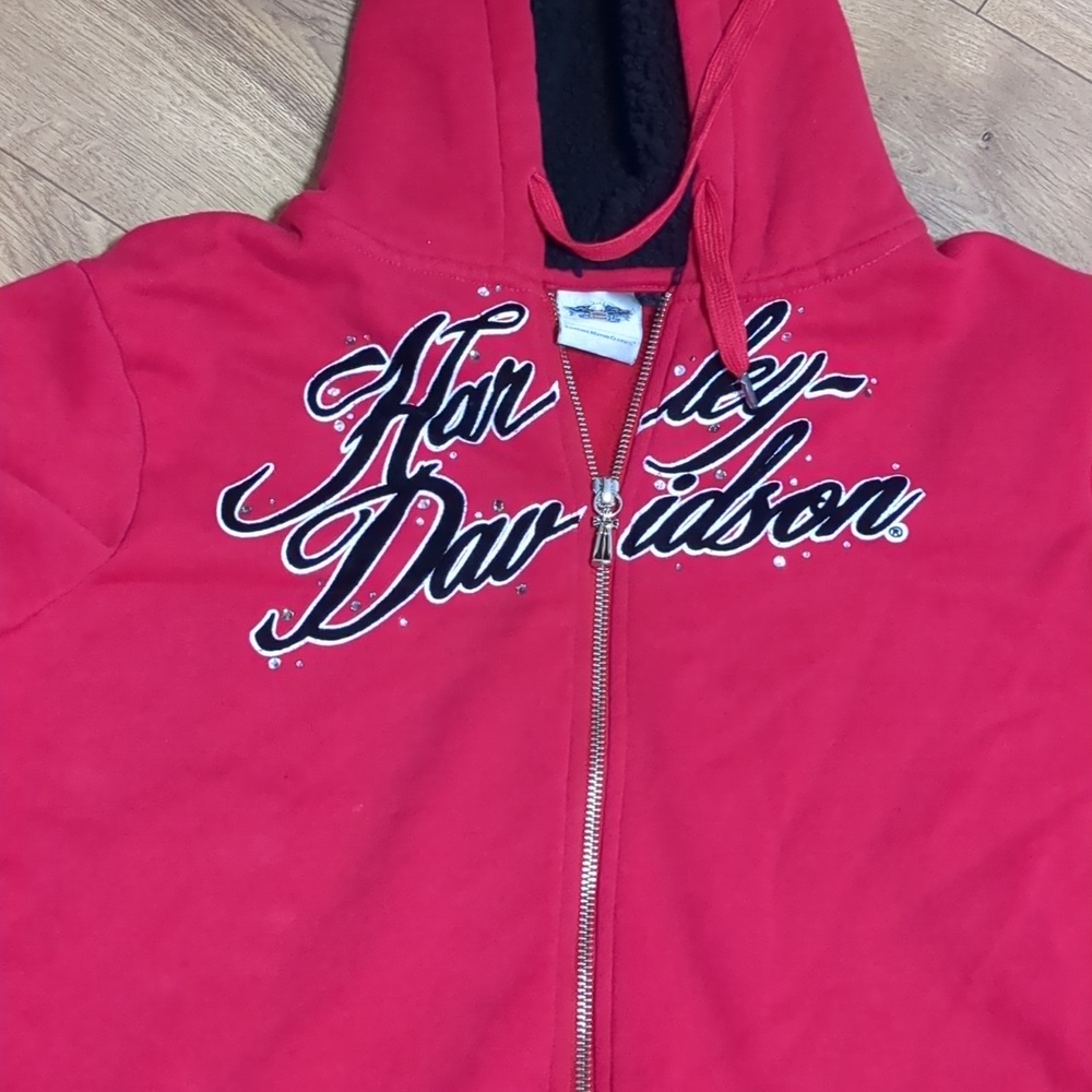 Harley Davidson Y2K Red Flocked Rhinestone Zip Up Hoodie Women's Sz XL - Picture 5 of 11